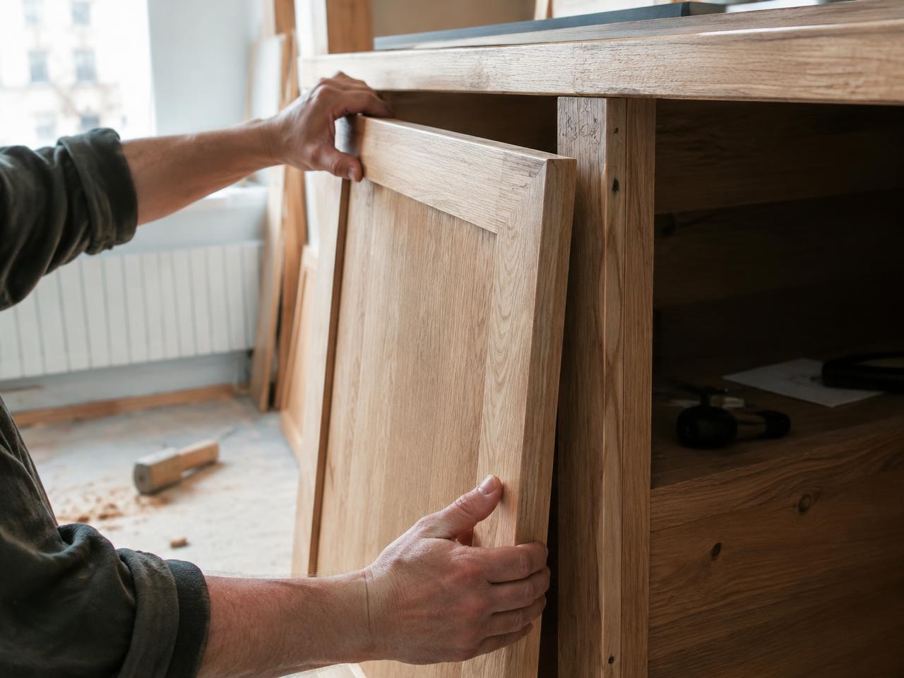 Håndverker monterer en skapdør i eik (illustrasjon)